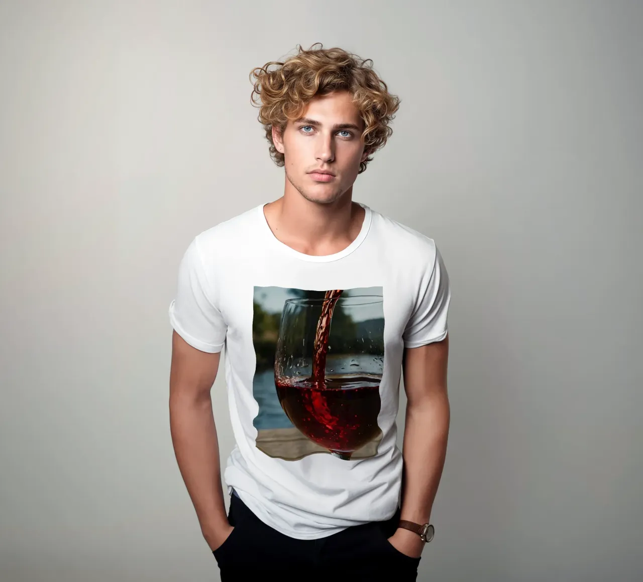 Versare del vino rosso in un bicchiere accanto a un lago tranquillo, al sole. t-shirt da DesignDoodle