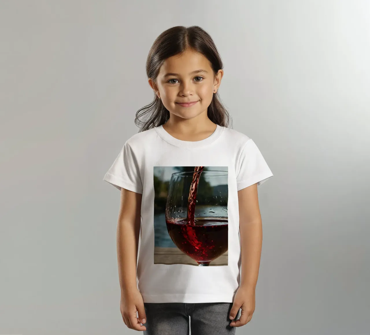 Pouring red wine into a glass beside a tranquil lake at suns kids t-shirt by DesignDoodle