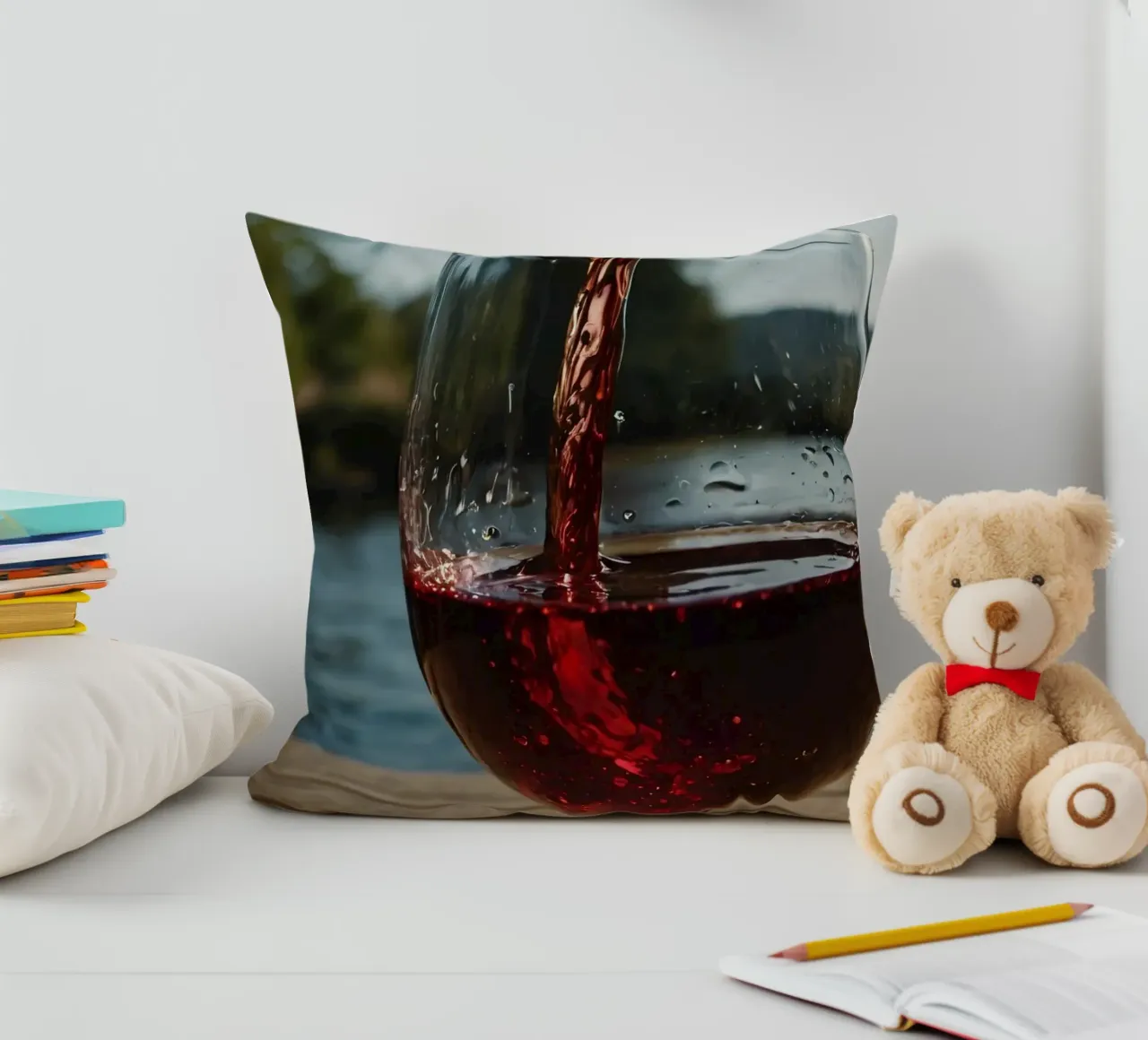 Versare del vino rosso in un bicchiere accanto a un lago tranquillo, al sole. cuscino da DesignDoodle