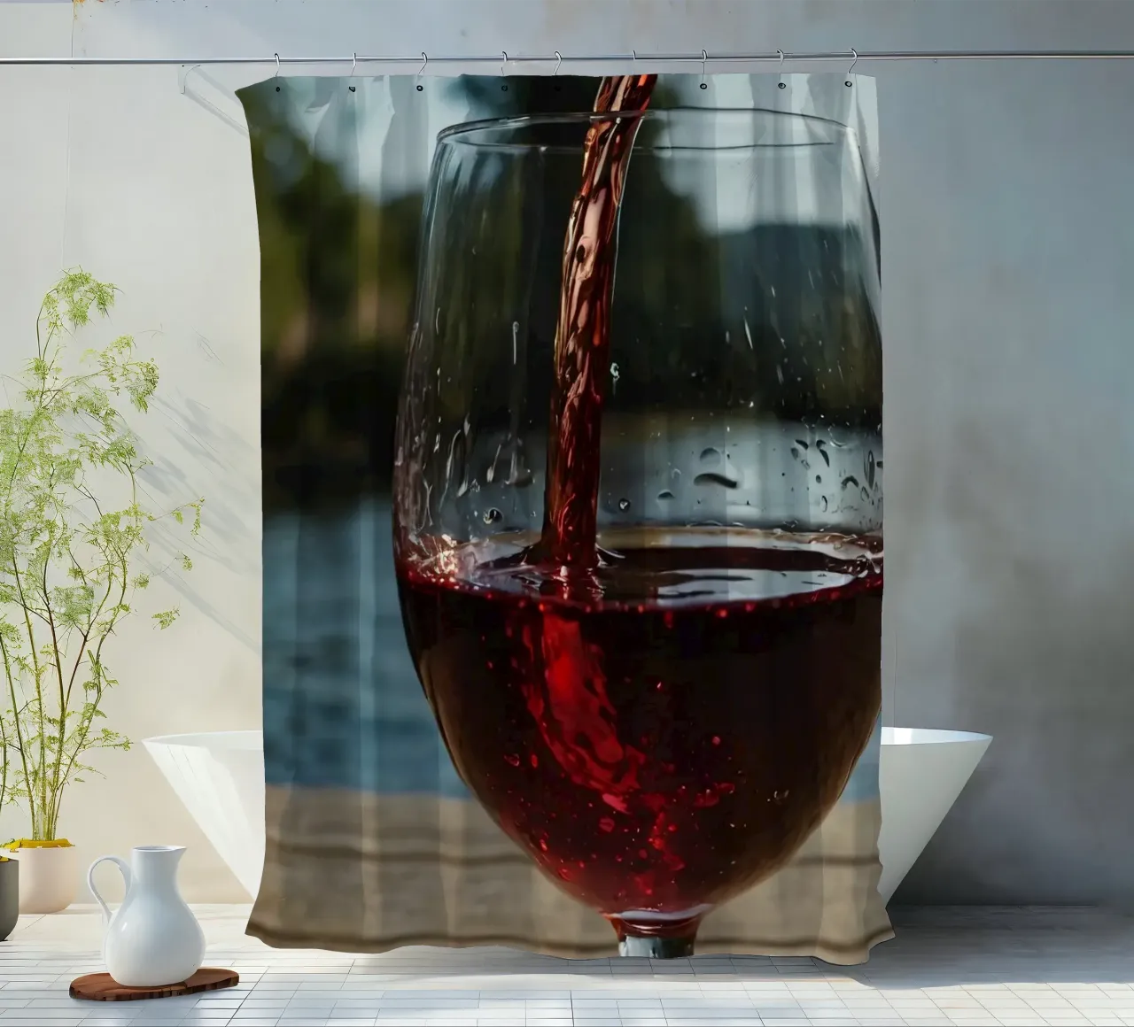Pouring red wine into a glass beside a tranquil lake at suns shower curtain by DesignDoodle
