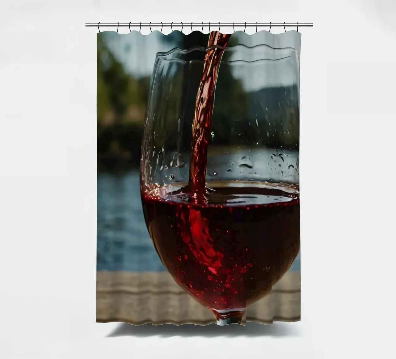 Pouring red wine into a glass beside a tranquil lake at suns shower curtain by DesignDoodle
