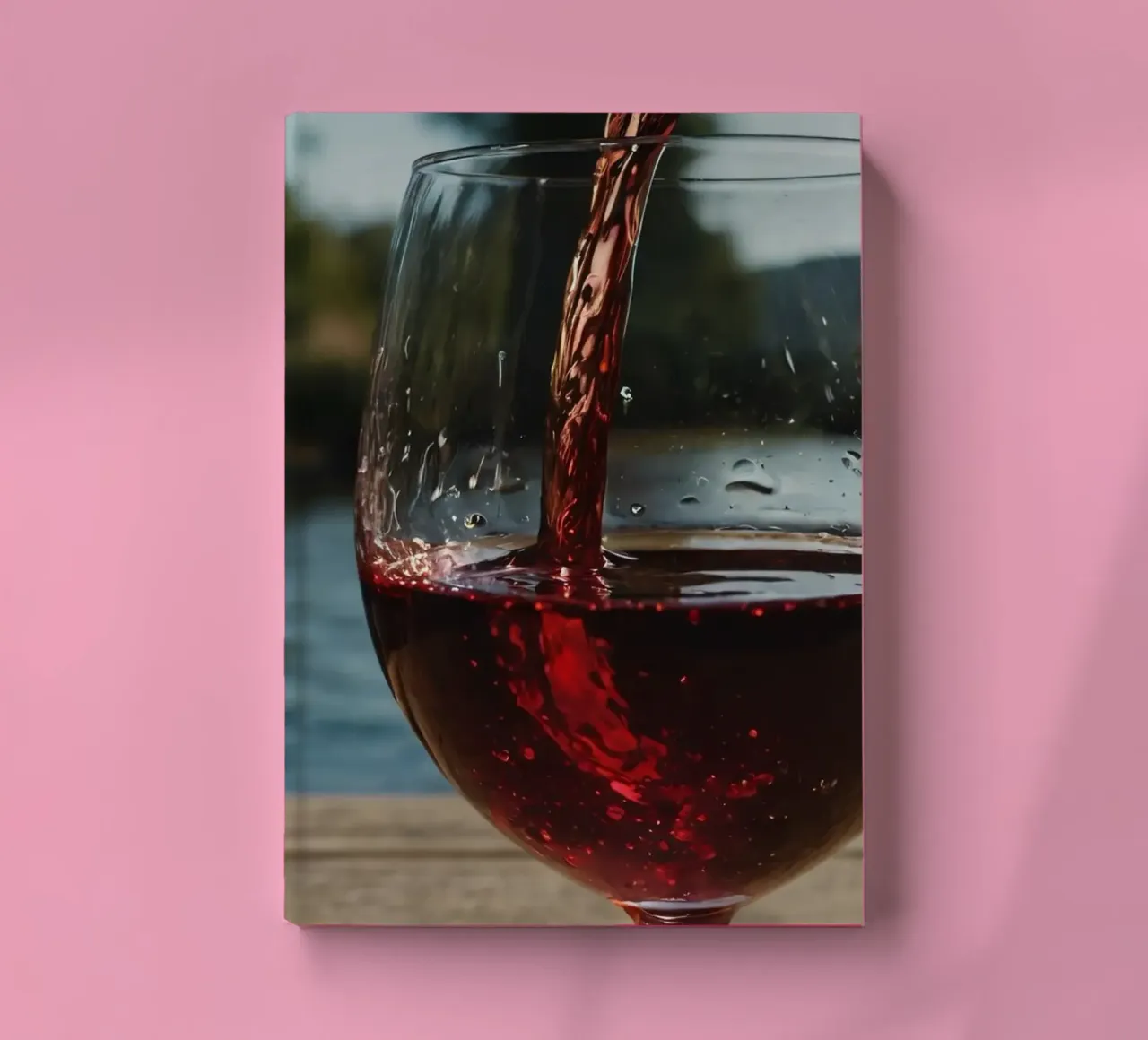 Pouring red wine into a glass beside a tranquil lake at suns notebook by DesignDoodle