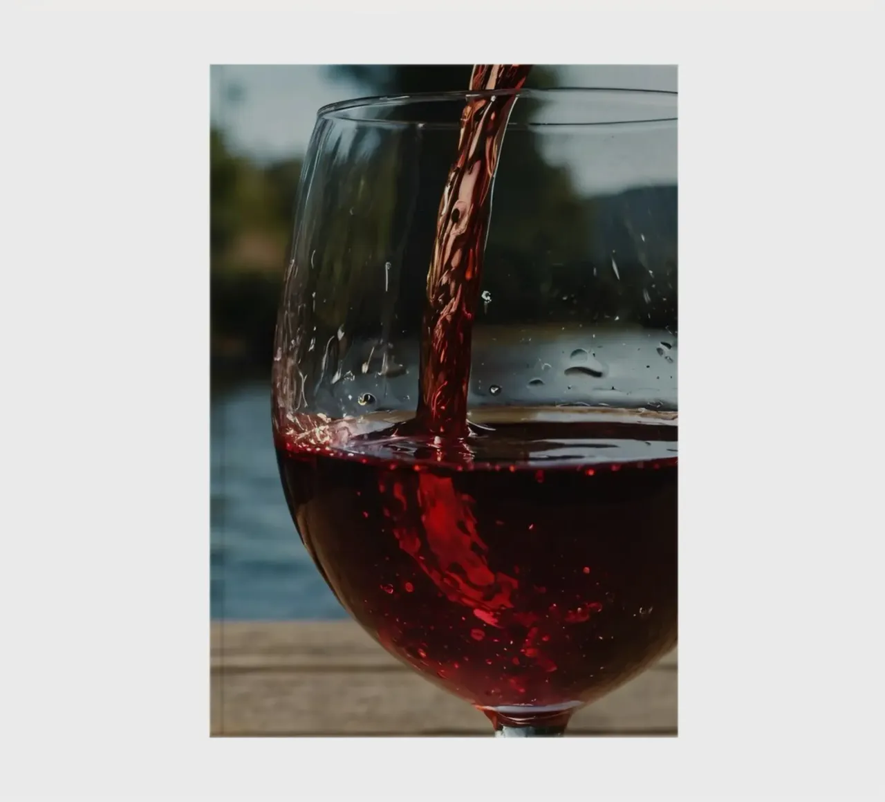 Pouring red wine into a glass beside a tranquil lake at suns notebook by DesignDoodle