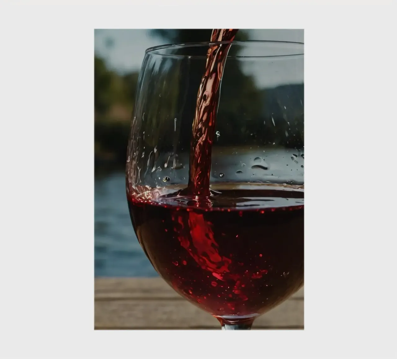 Pouring red wine into a glass beside a tranquil lake at suns notebook by DesignDoodle