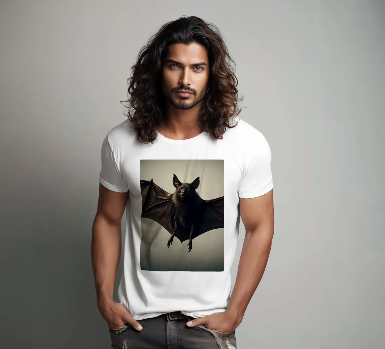 Un pipistrello sospeso a mezz'aria che mette in mostra la sua impressionante apertura alare t-shirt da DesignDoodle