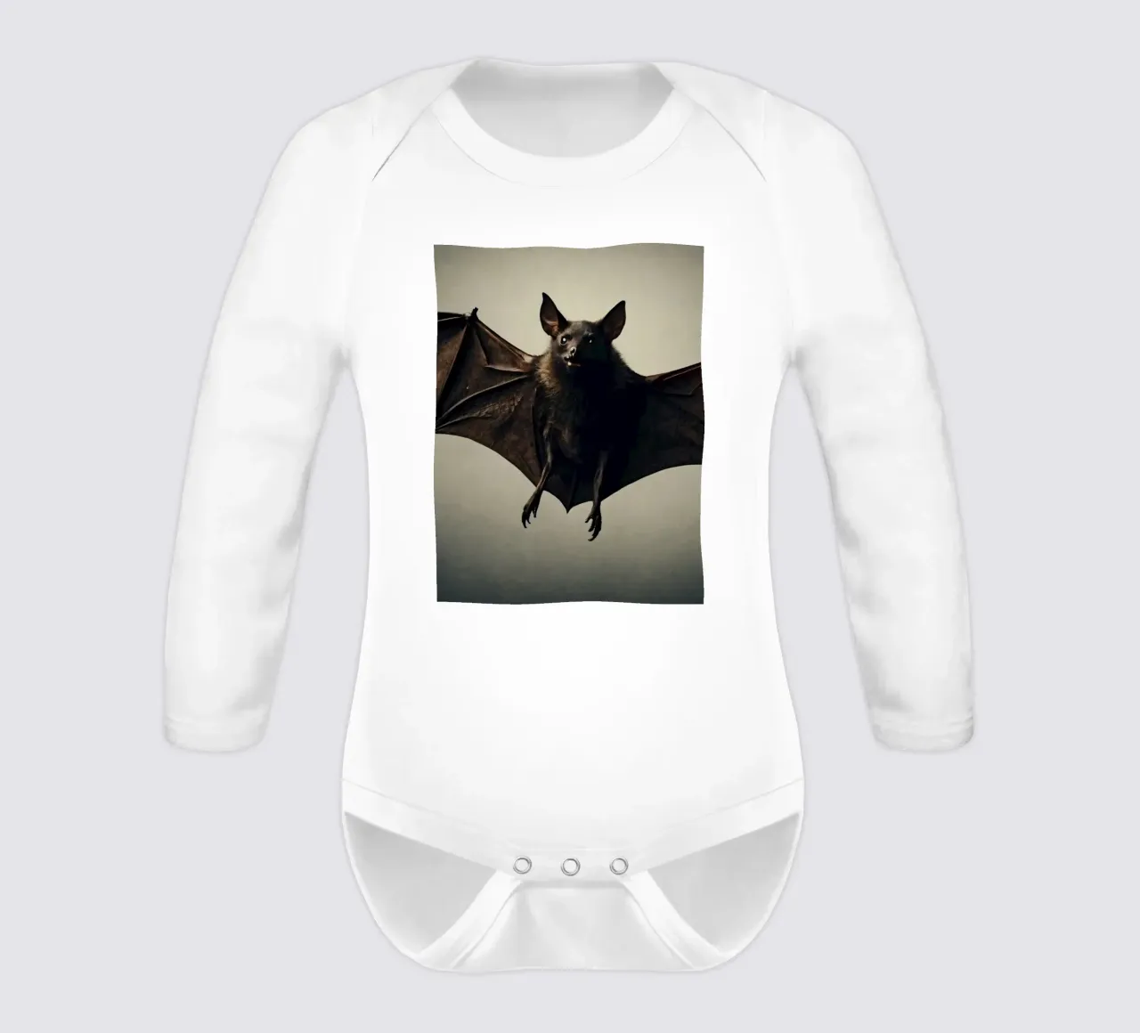 A bat hanging in mid-air showcasing its impressive wingspan long-sleeve baby romper by DesignDoodle