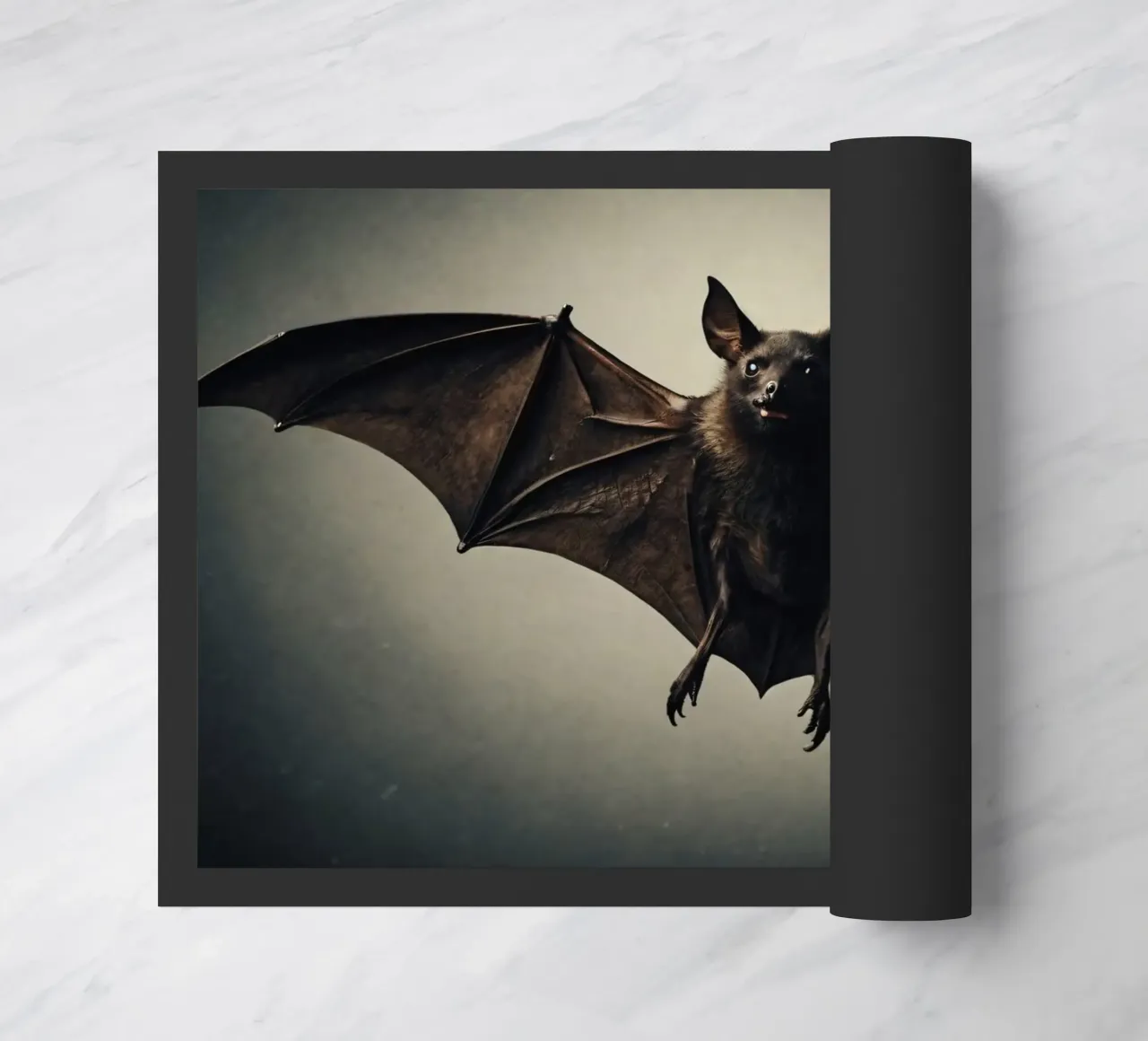 Un pipistrello sospeso a mezz'aria che mette in mostra la sua impressionante apertura alare zerbino da DesignDoodle