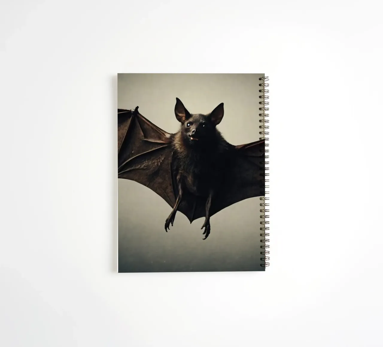 A bat hanging in mid-air showcasing its impressive wingspan spiral notebook by DesignDoodle