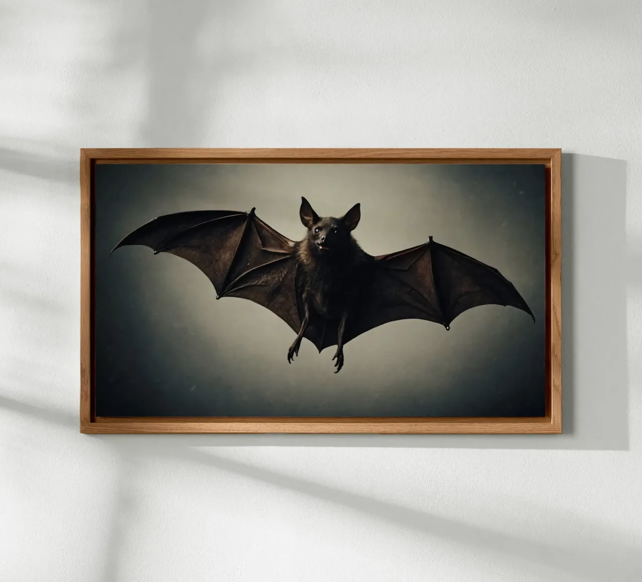Un pipistrello sospeso a mezz'aria che mette in mostra la sua impressionante apertura alare alluminio dibond da DesignDoodle
