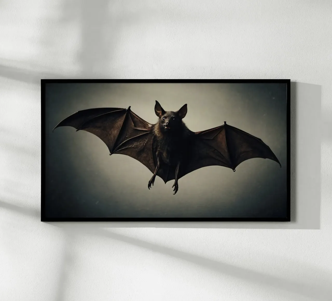 Un pipistrello sospeso a mezz'aria che mette in mostra la sua impressionante apertura alare carta hahnemühle da DesignDoodle