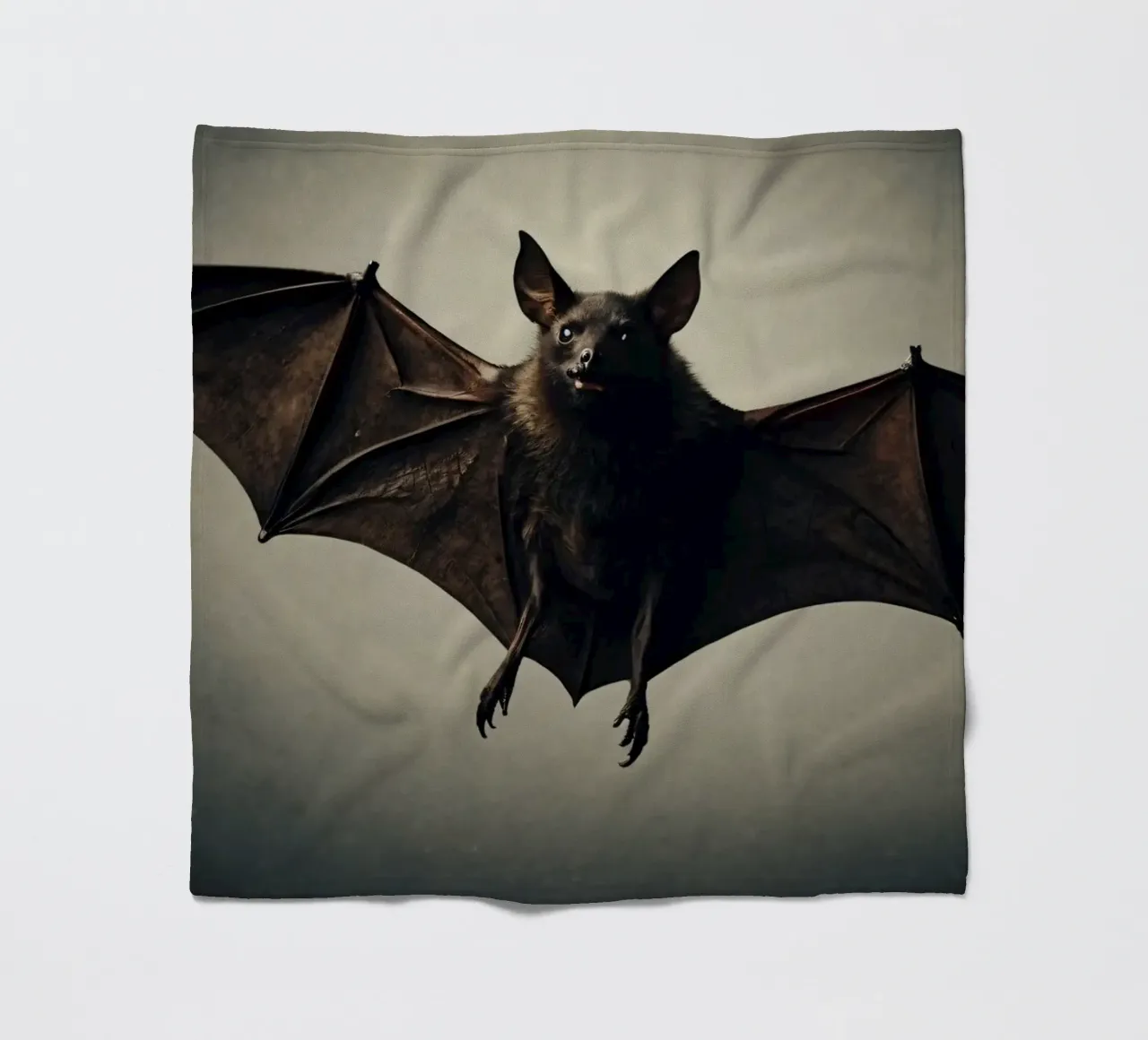 Un pipistrello sospeso a mezz'aria che mette in mostra la sua impressionante apertura alare coperta in pile da DesignDoodle
