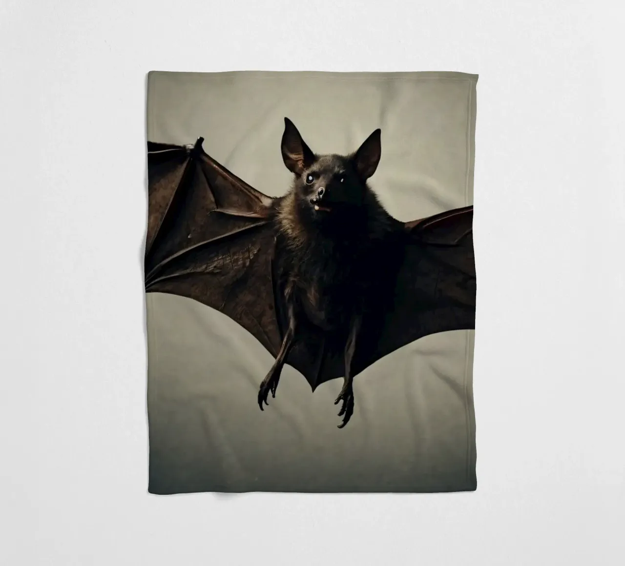 Un pipistrello sospeso a mezz'aria che mette in mostra la sua impressionante apertura alare coperta in pile da DesignDoodle