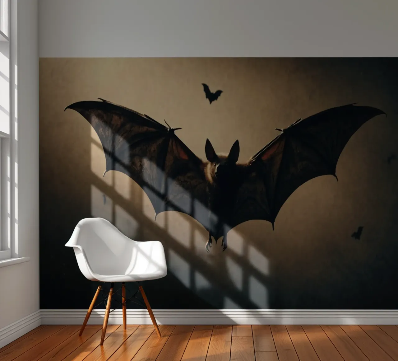Bats flying in the twilight sky over a dark landscape during photo wallpaper by DesignDoodle
