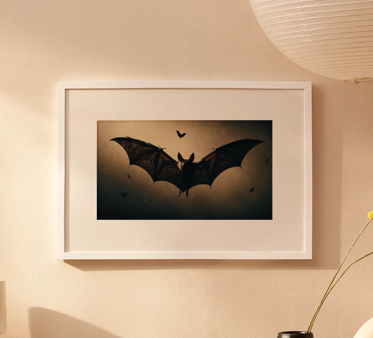 Bats flying in the twilight sky over a dark landscape during hahnemühle by DesignDoodle
