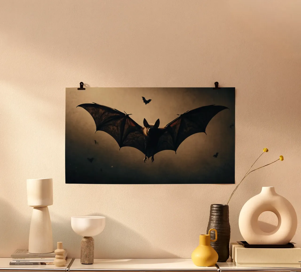 Bats flying in the twilight sky over a dark landscape during hahnemühle by DesignDoodle