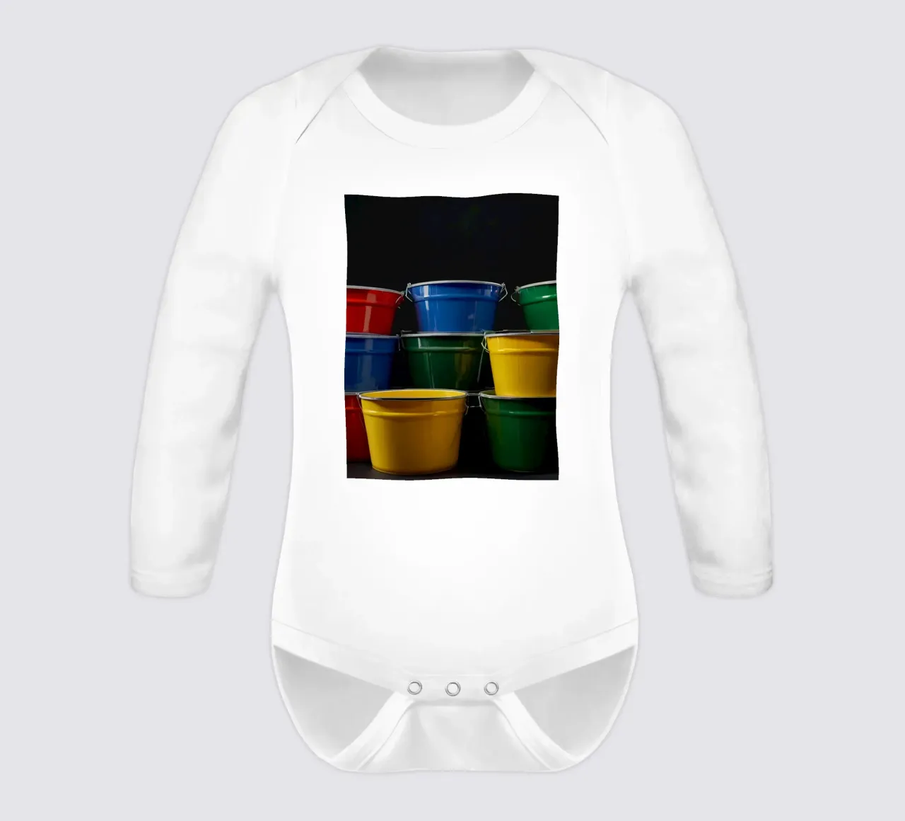 Colorful buckets stacked in a creative arrangement long-sleeve baby romper by DesignDoodle