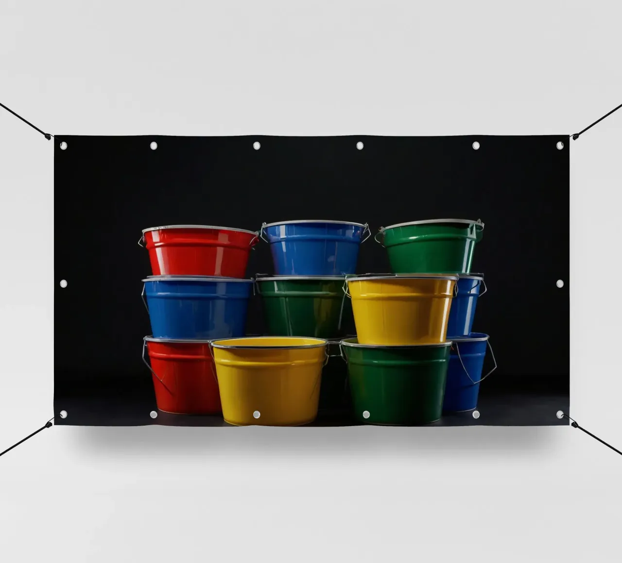 Secchi colorati impilati in una disposizione creativa telo in pvc da DesignDoodle