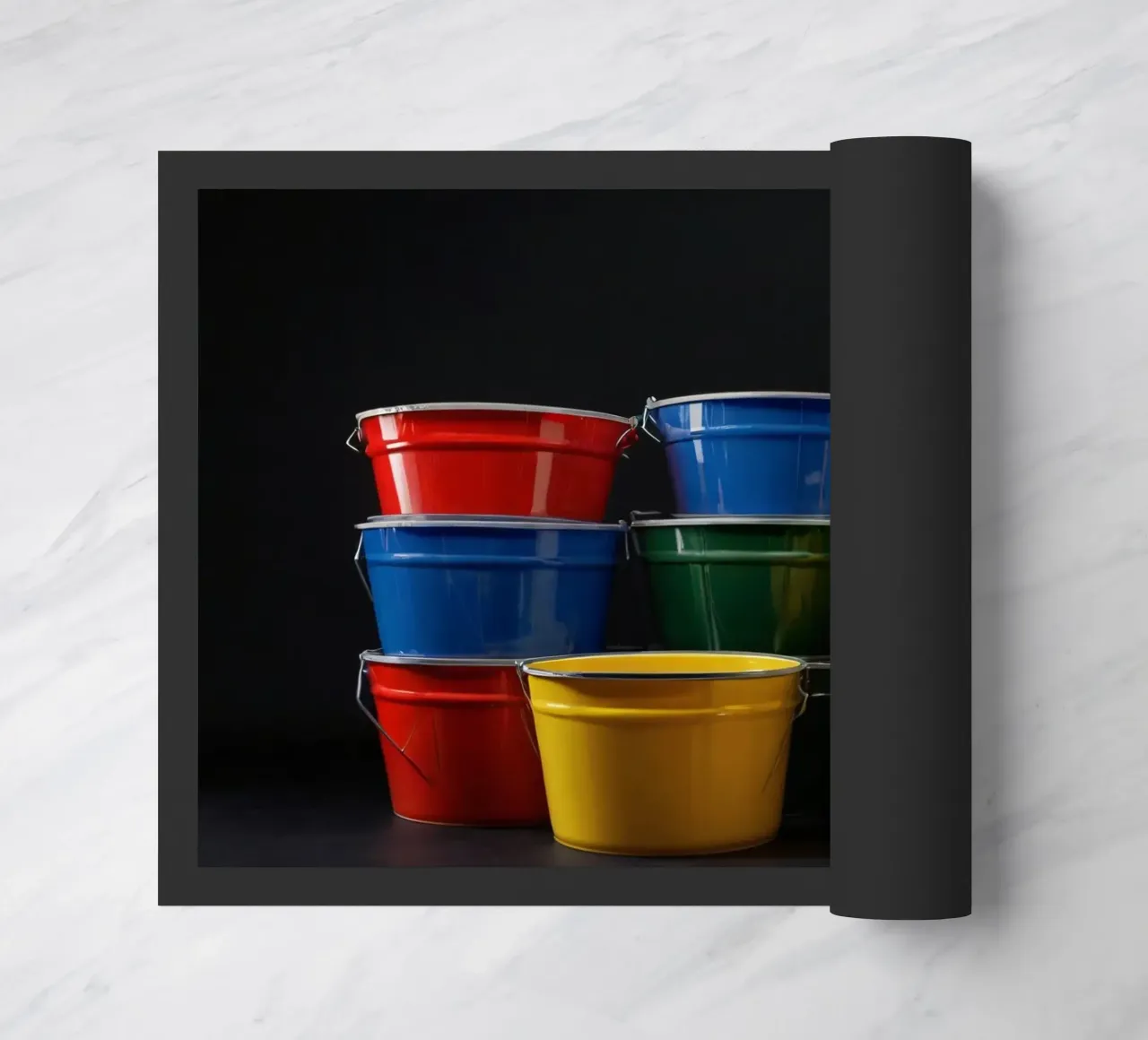 Secchi colorati impilati in una disposizione creativa zerbino da DesignDoodle