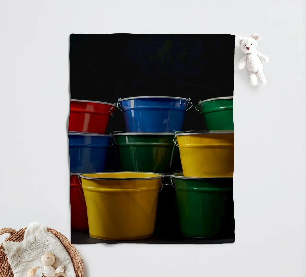 Secchi colorati impilati in una disposizione creativa coperta in pile da DesignDoodle
