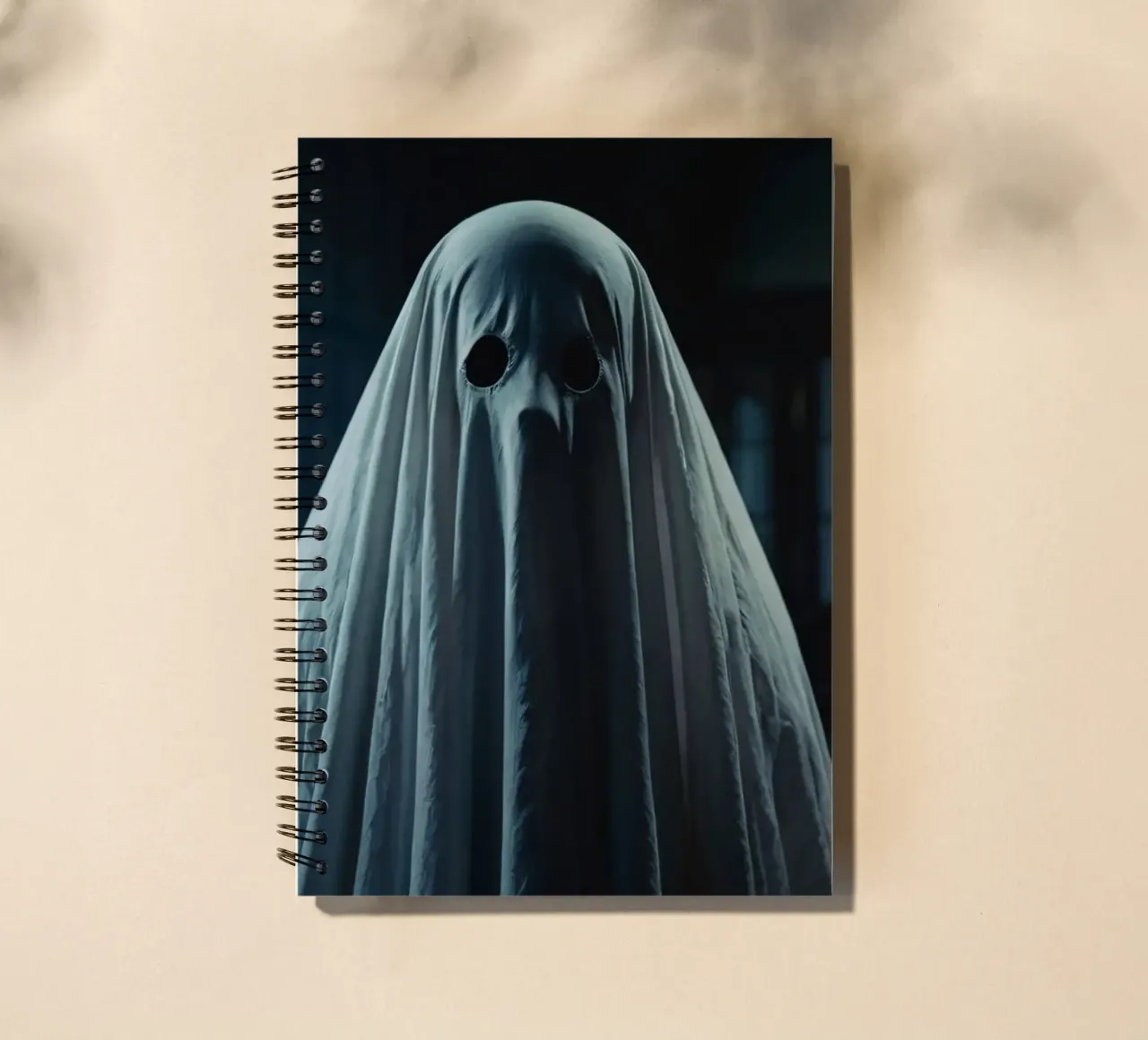 scary ghost stands in a dimly lit room filled with shadows spiral notebook by DesignDoodle