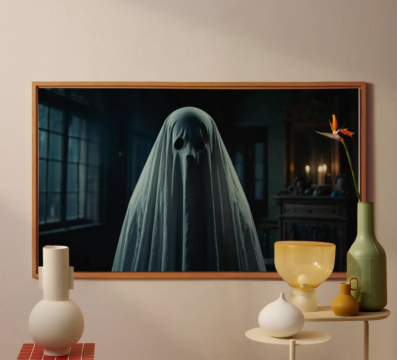 scary ghost stands in a dimly lit room filled with shadows alu-dibond by DesignDoodle