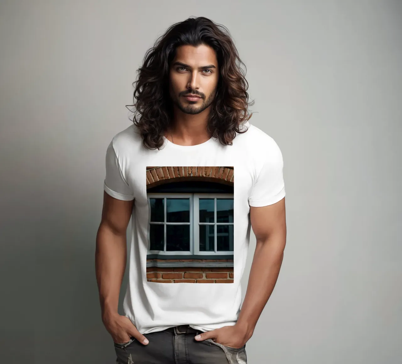 fenêtre blanche encadrée dans un mur rustique en briques rouges t-shirt de DesignDoodle