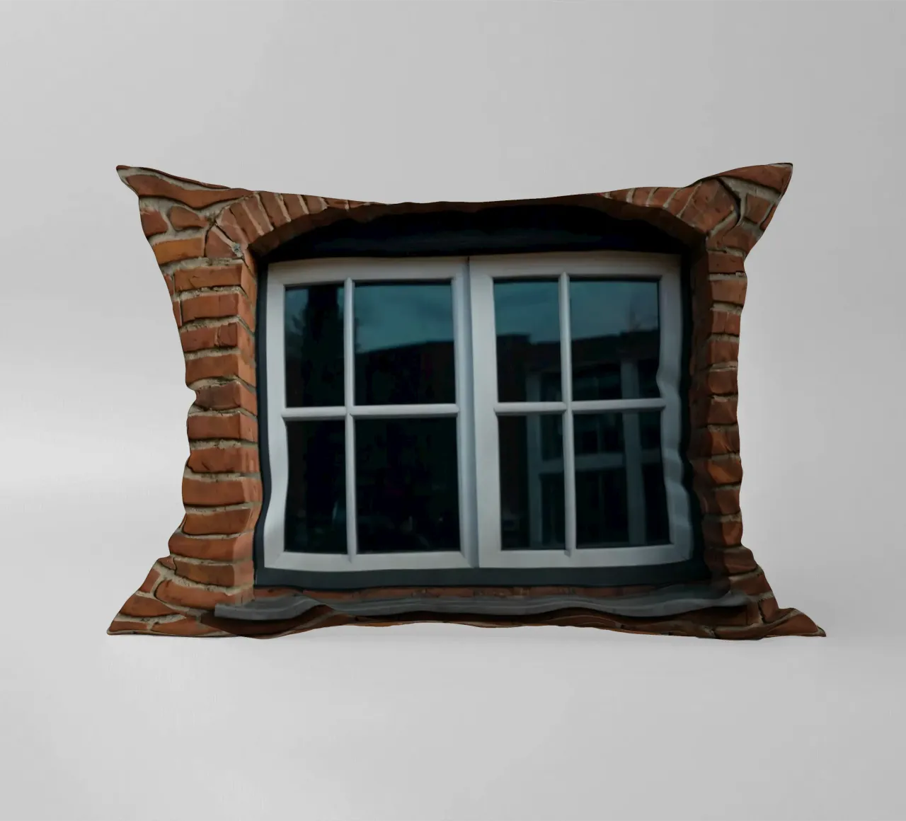 finestra con cornice bianca incastonata in un muro rustico di mattoni rossi cuscino da DesignDoodle