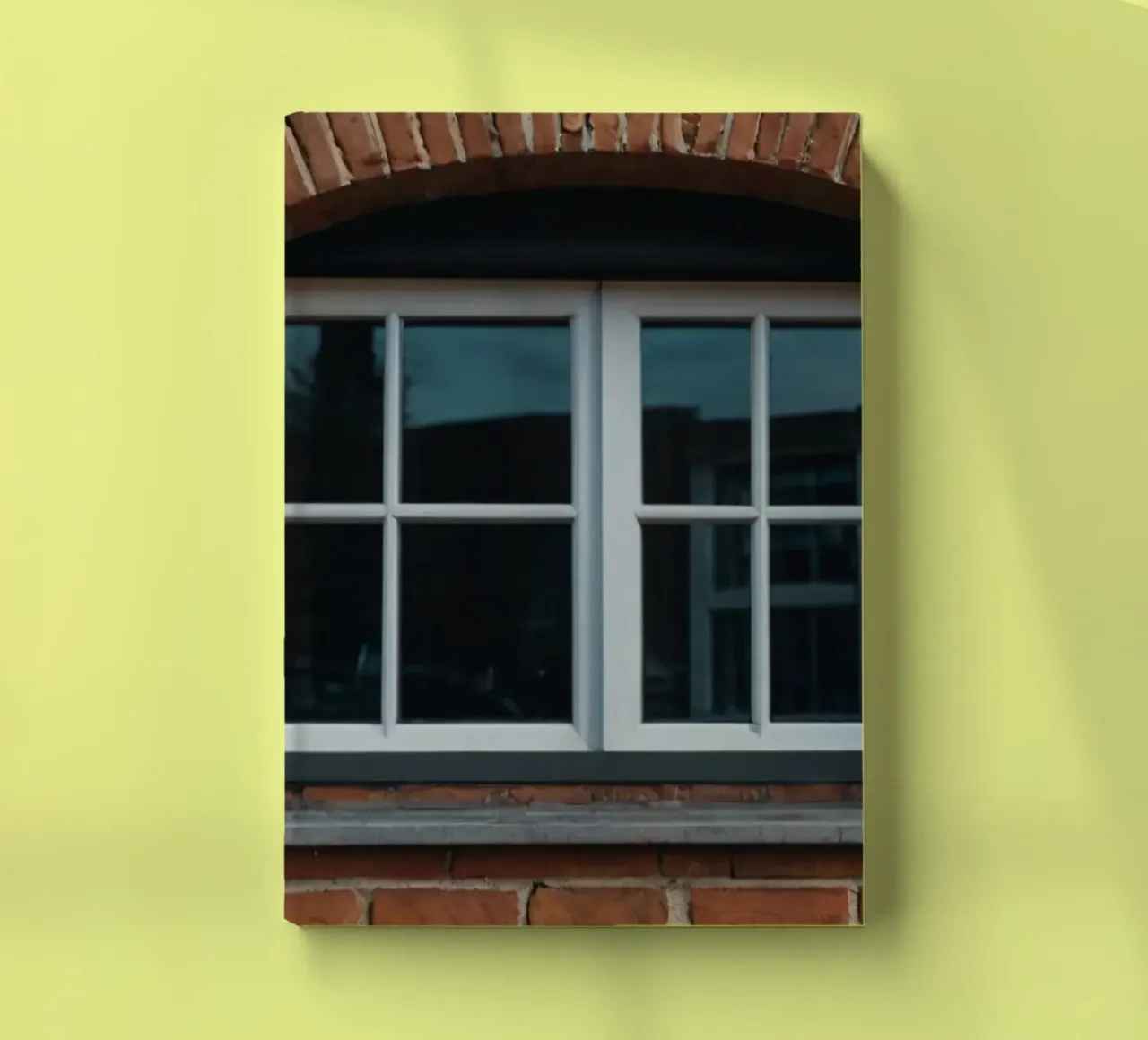 white framed window set in a rustic red brick wall notebook by DesignDoodle