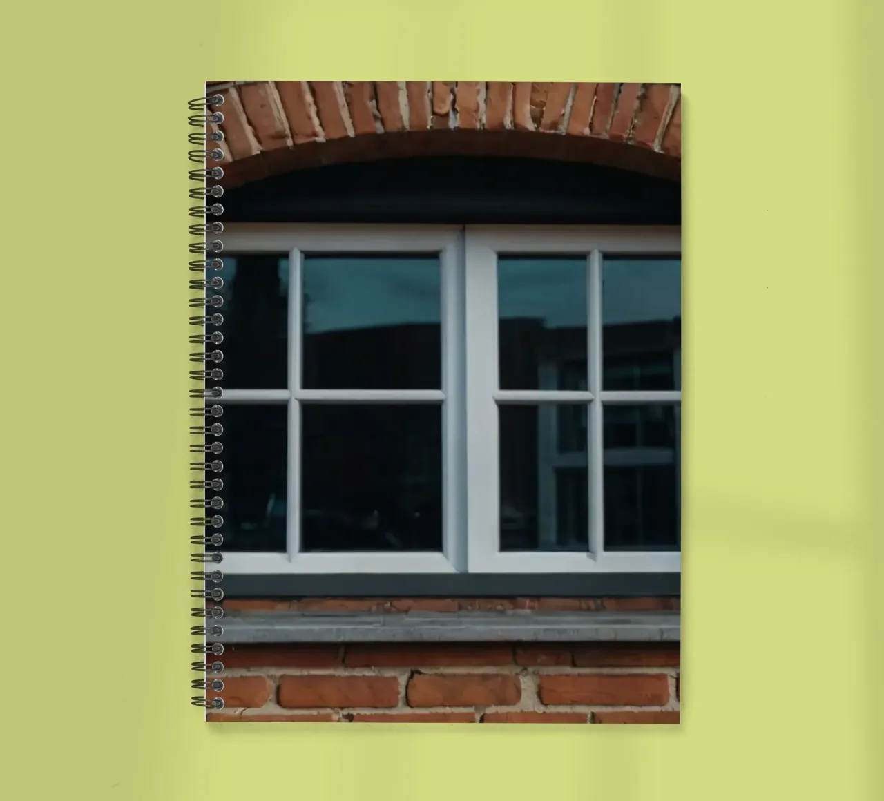 white framed window set in a rustic red brick wall spiral notebook by DesignDoodle