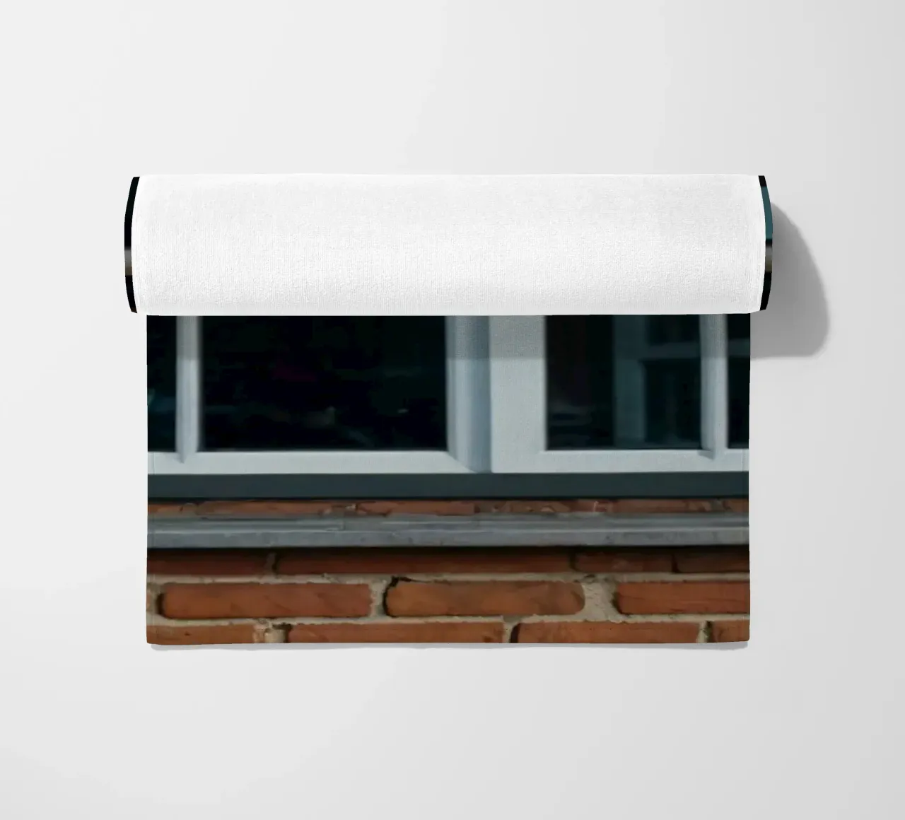 white framed window set in a rustic red brick wall beach towel by DesignDoodle