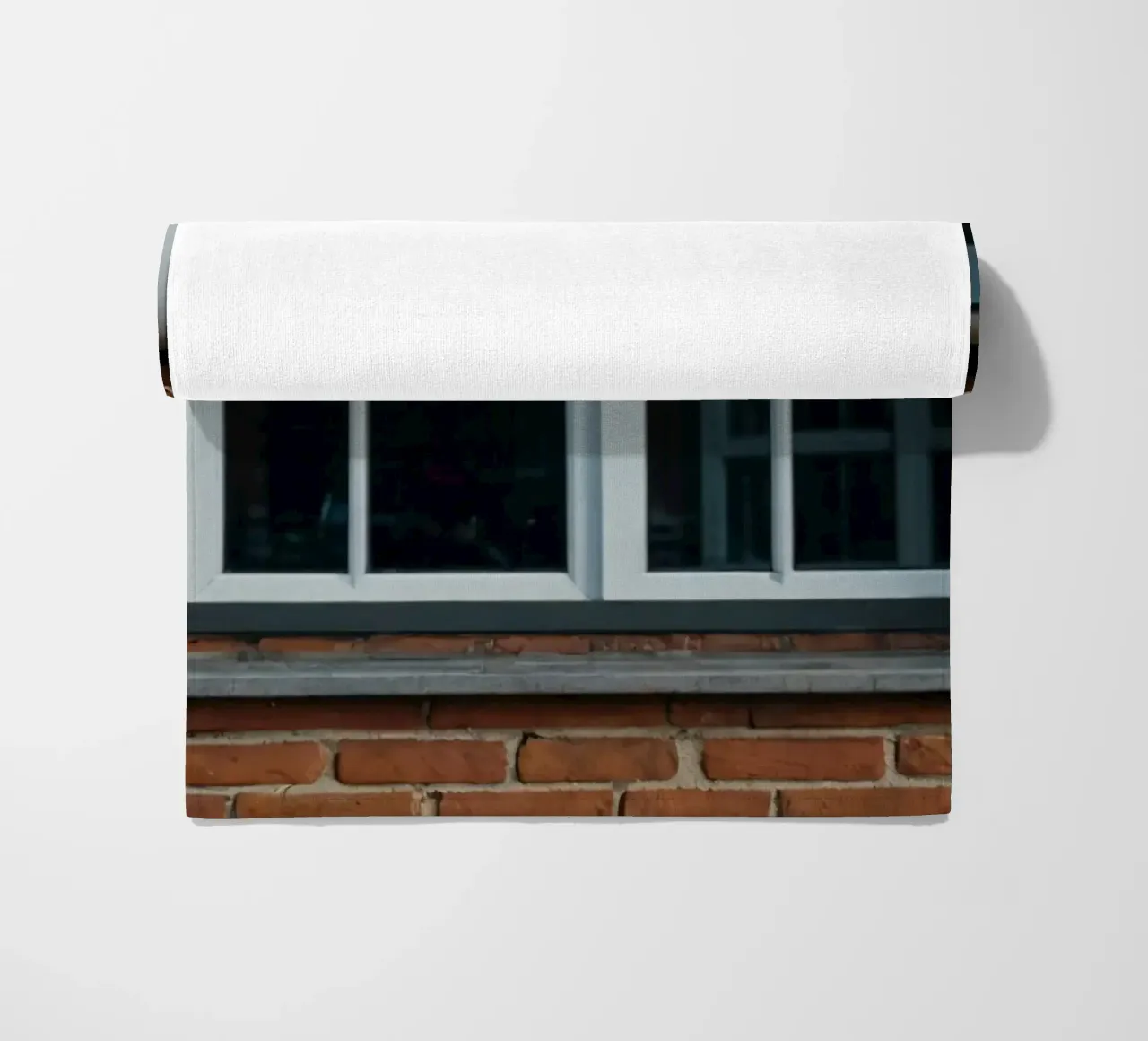 white framed window set in a rustic red brick wall beach towel by DesignDoodle