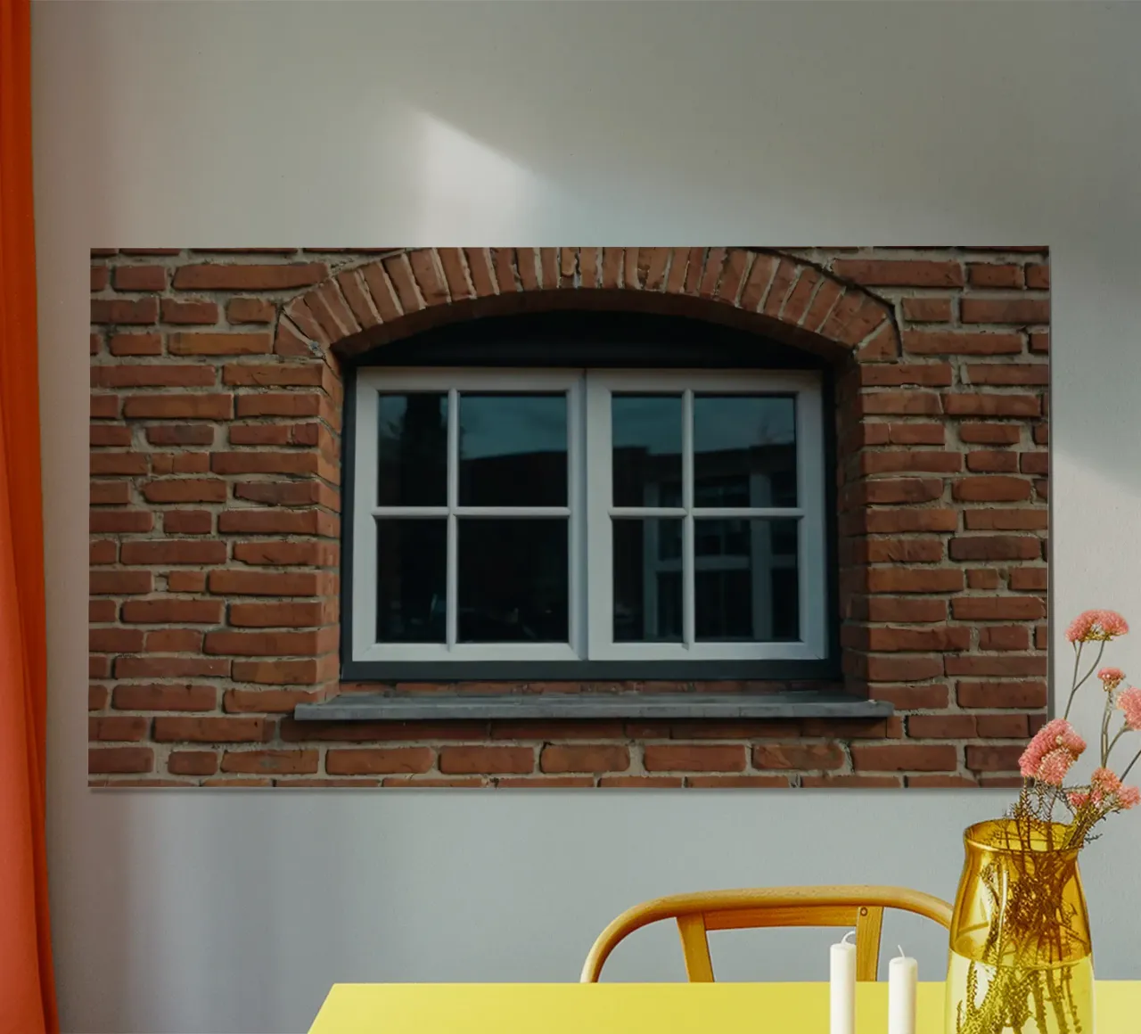 white framed window set in a rustic red brick wall hahnemühle by DesignDoodle