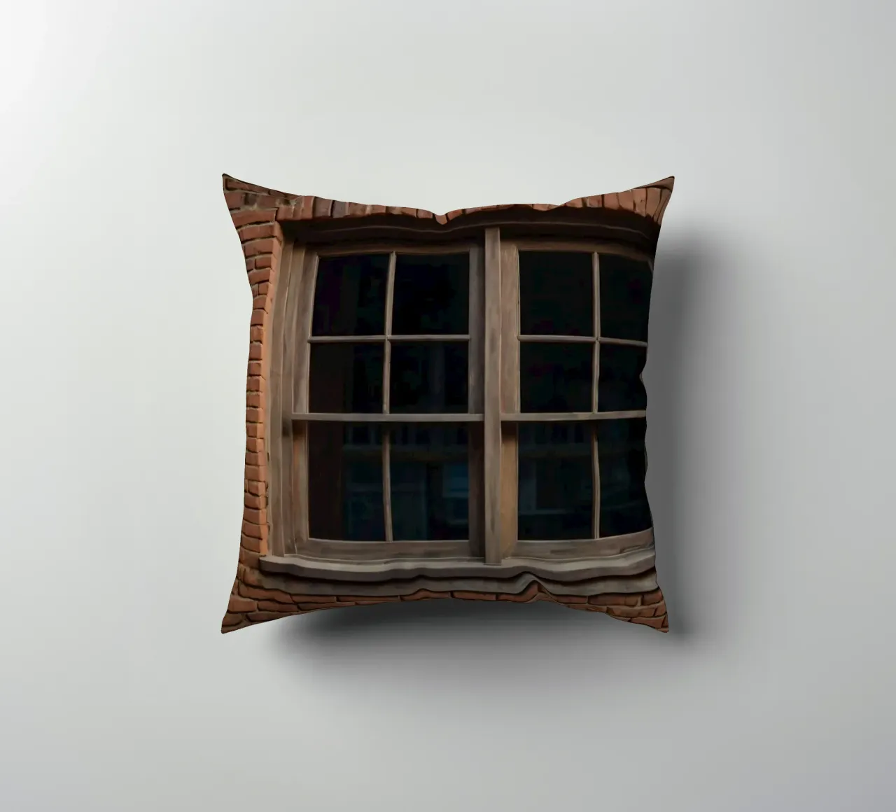 Rustic wooden window framed by red brick wall in an urban se decorative cushion by DesignDoodle