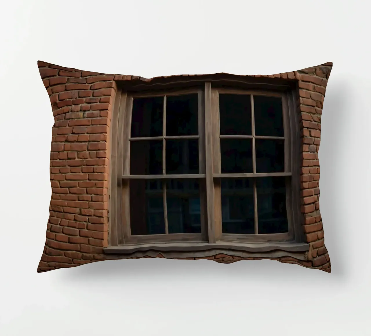 Rustic wooden window framed by red brick wall in an urban se decorative cushion by DesignDoodle