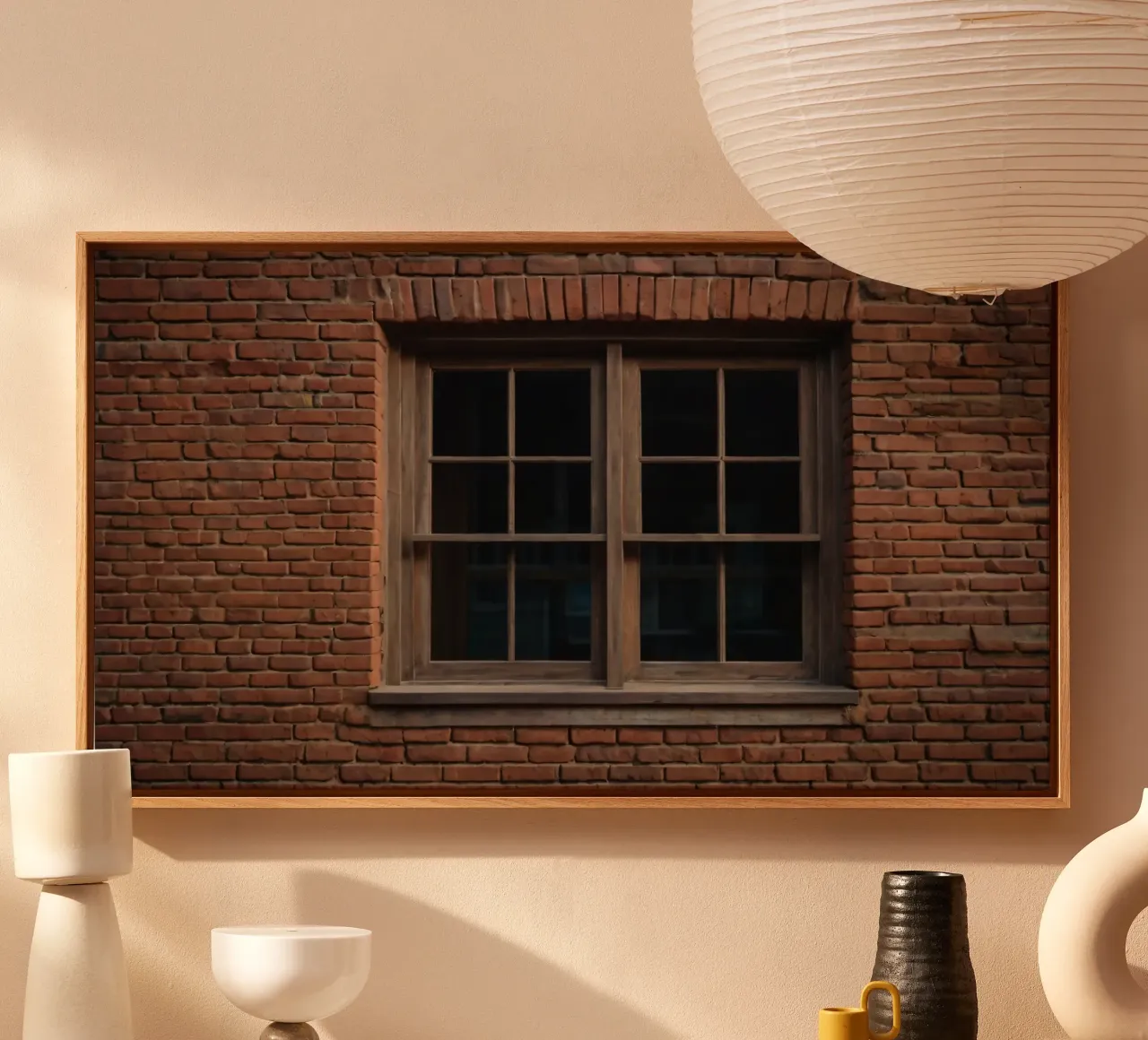 Rustic wooden window framed by red brick wall in an urban se canvas by DesignDoodle