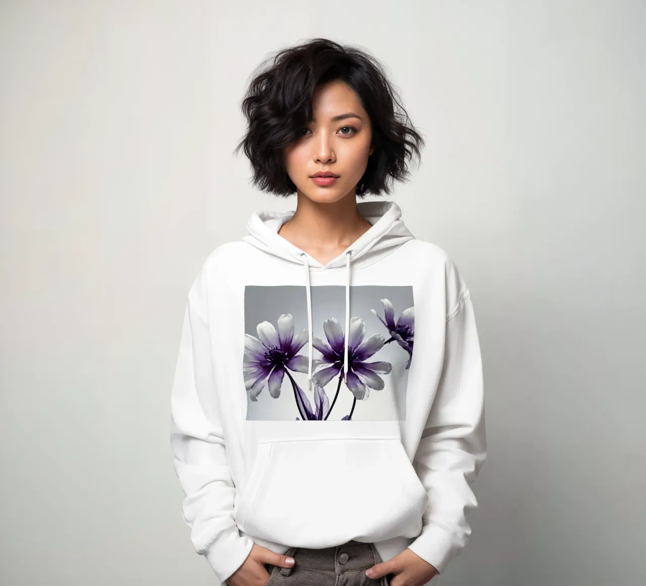 Delicati fiori bianchi e viola con uno sfondo morbido felpa con cappuccio da DesignDoodle