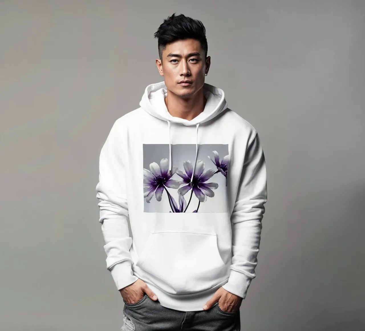 Delicati fiori bianchi e viola con uno sfondo morbido felpa con cappuccio da DesignDoodle