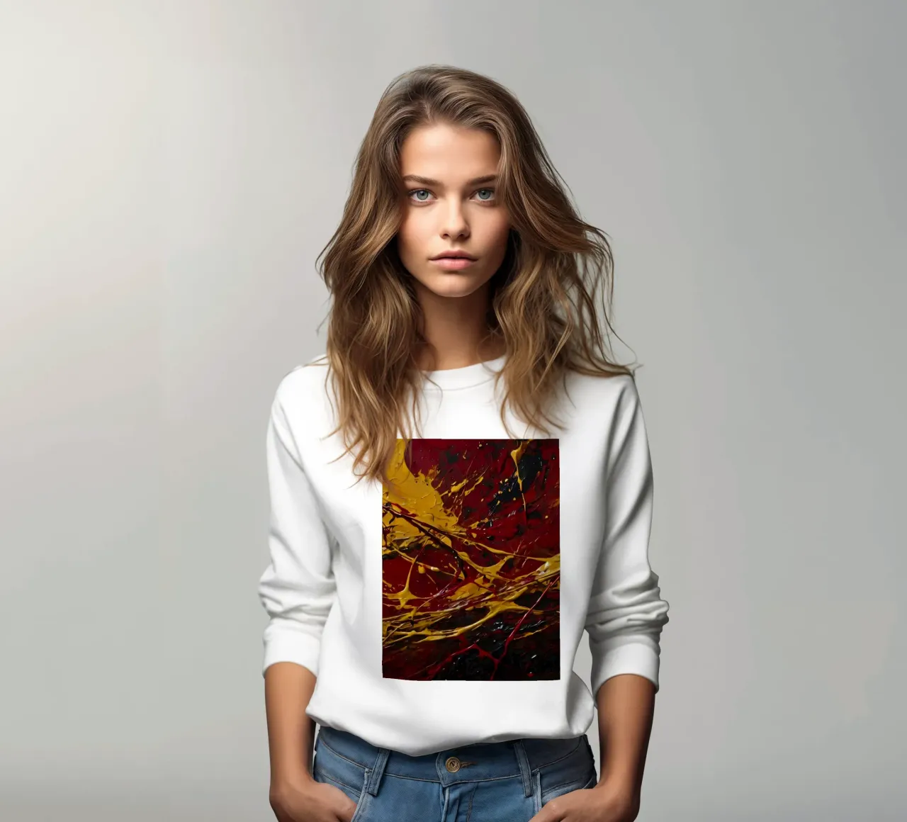 abstract painting featuring dynamic splashes of red, black sweatshirt by DesignDoodle