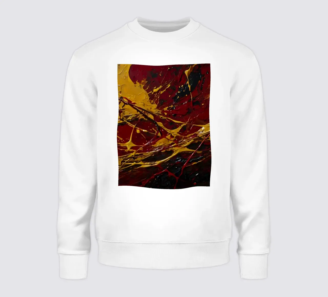 abstract painting featuring dynamic splashes of red, black sweatshirt by DesignDoodle