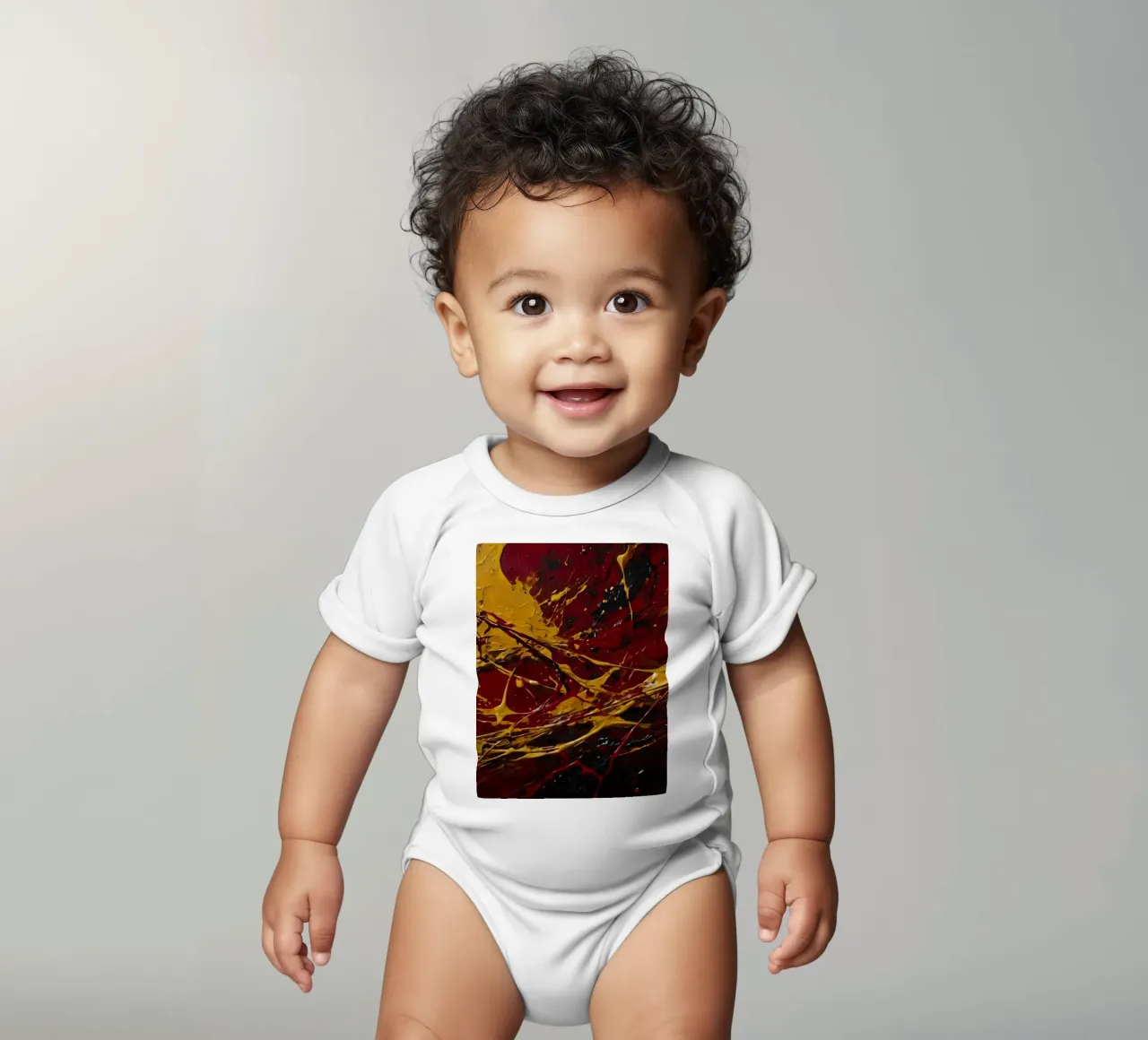abstract painting featuring dynamic splashes of red, black short-sleeve baby romper by DesignDoodle