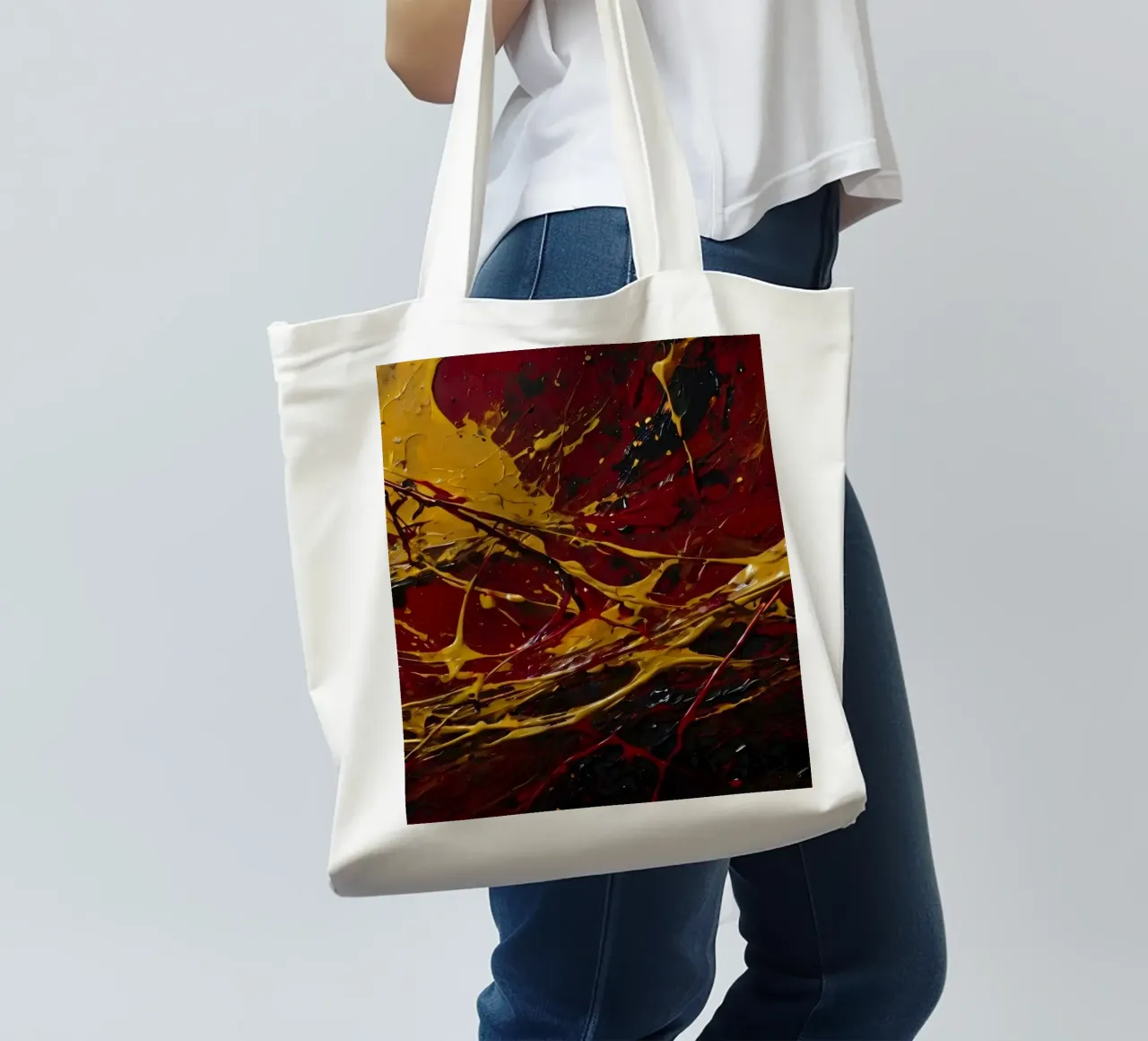 abstract painting featuring dynamic splashes of red, black tote bag by DesignDoodle