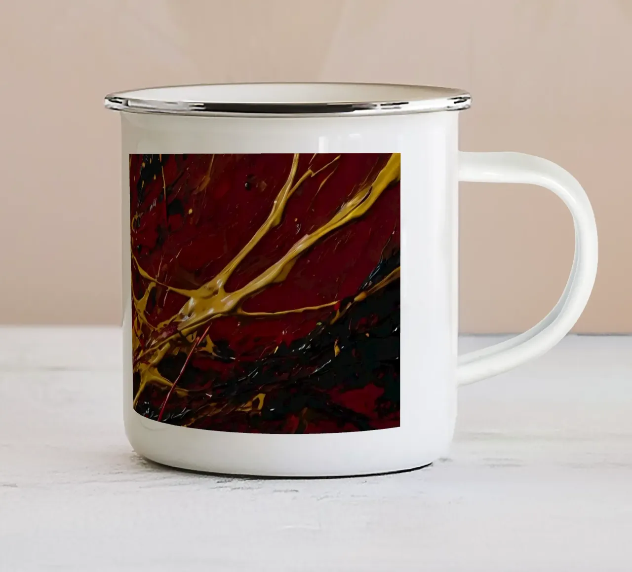 abstract painting featuring dynamic splashes of red, black enamel mug by DesignDoodle