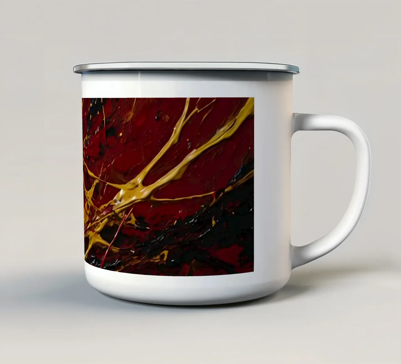 abstract painting featuring dynamic splashes of red, black enamel mug by DesignDoodle