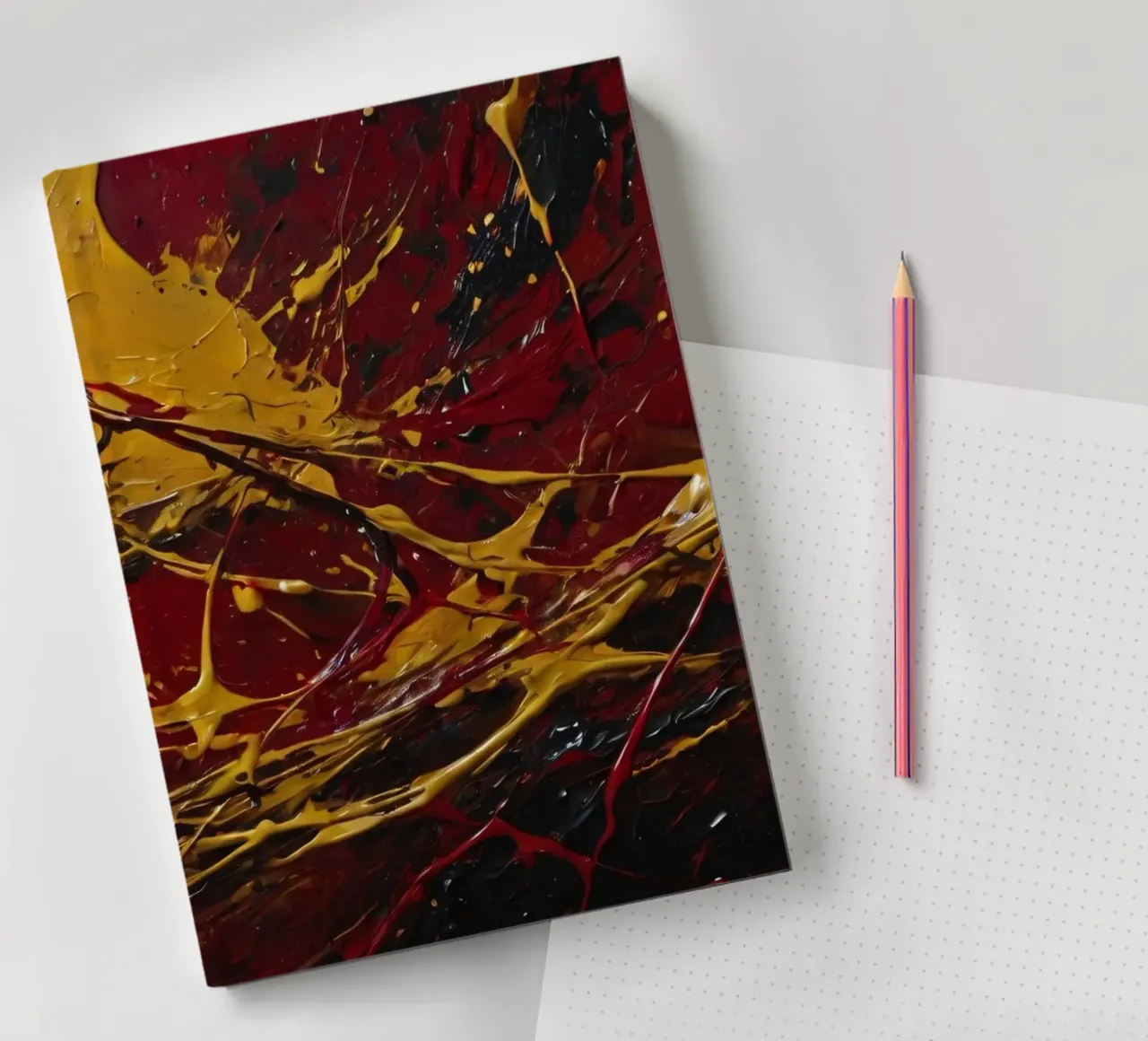 abstract painting featuring dynamic splashes of red, black notebook by DesignDoodle
