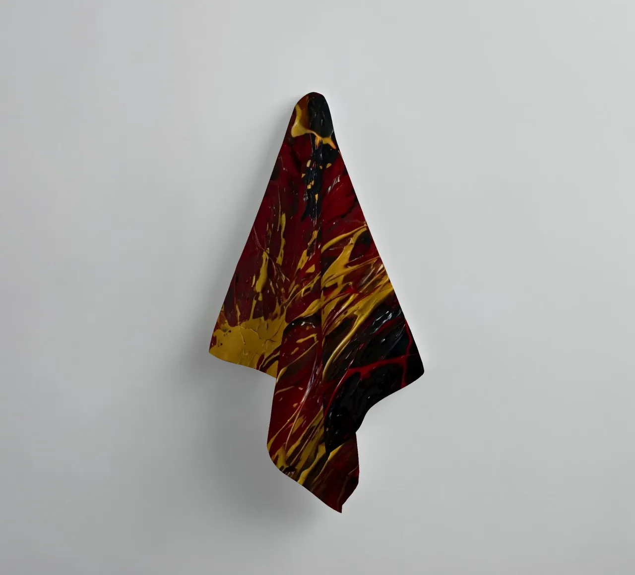 abstract painting featuring dynamic splashes of red, black towel by DesignDoodle