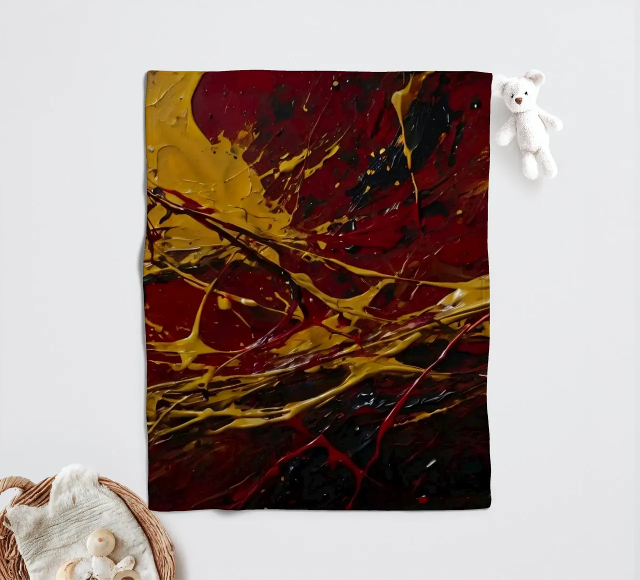 abstract painting featuring dynamic splashes of red, black fleece blanket by DesignDoodle