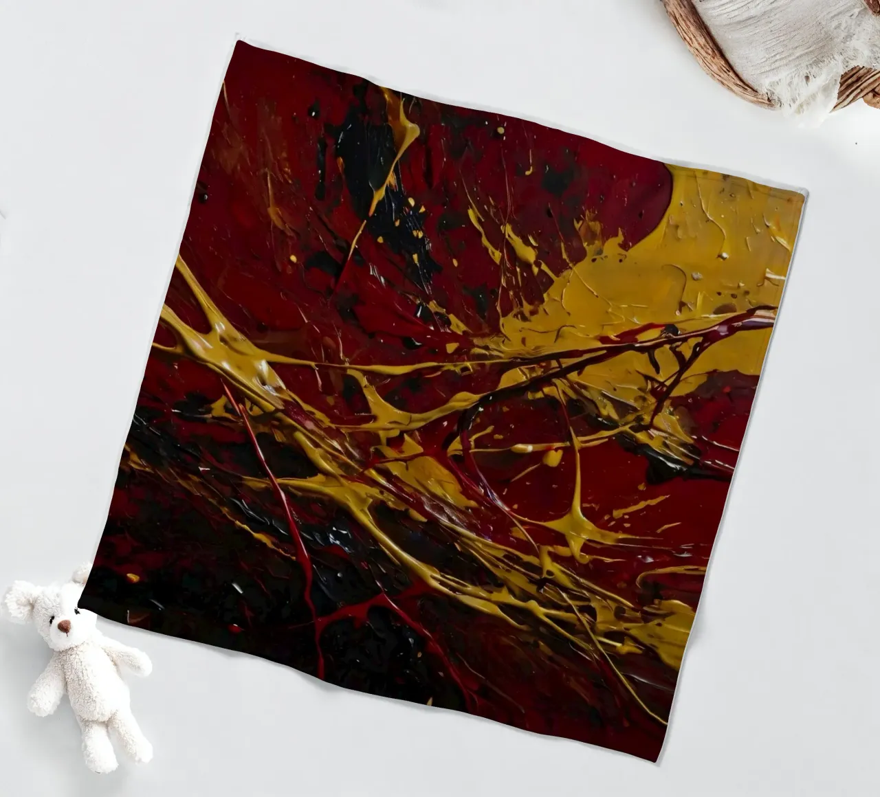 abstract painting featuring dynamic splashes of red, black fleece blanket by DesignDoodle