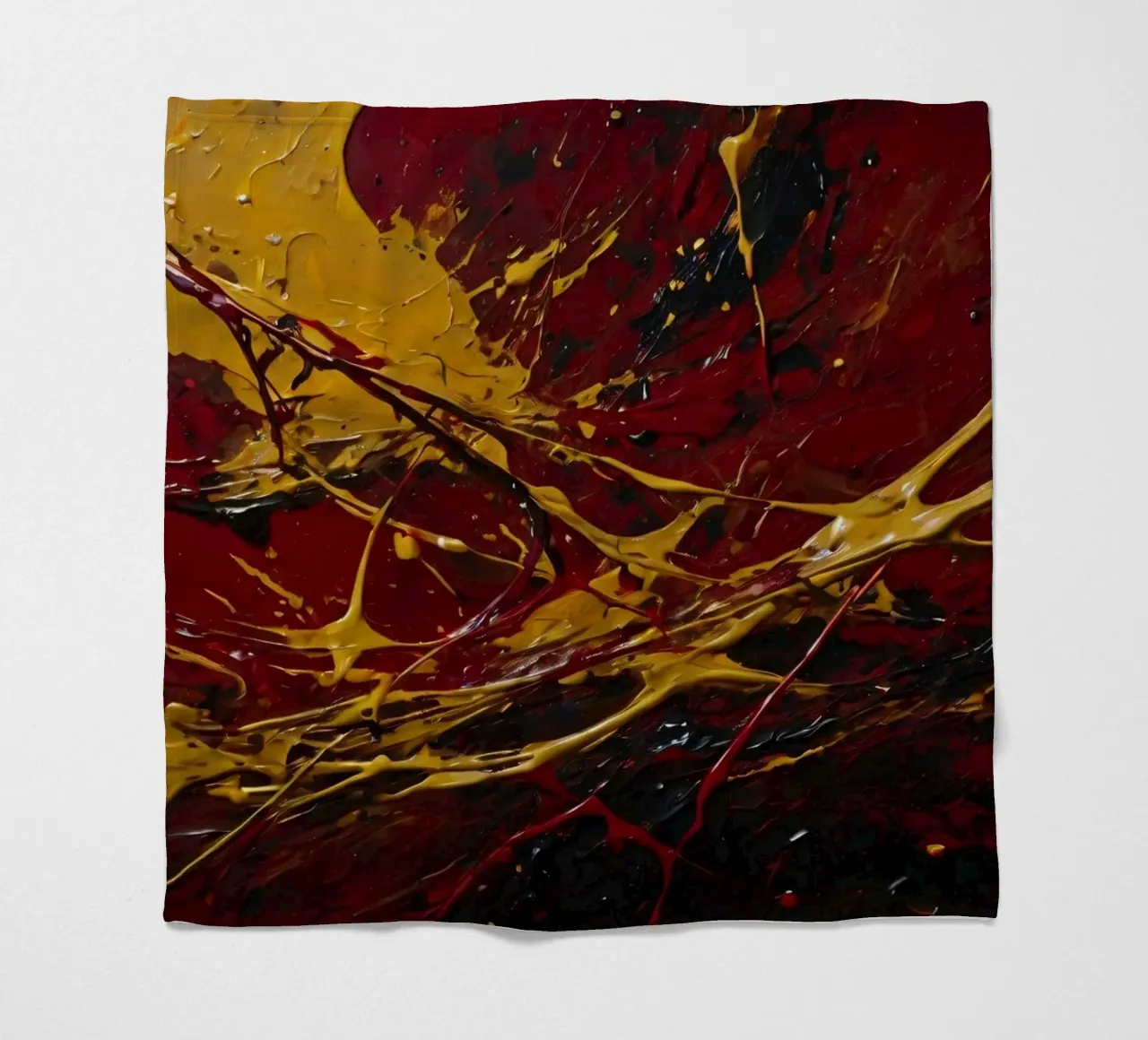 abstract painting featuring dynamic splashes of red, black fleece blanket by DesignDoodle
