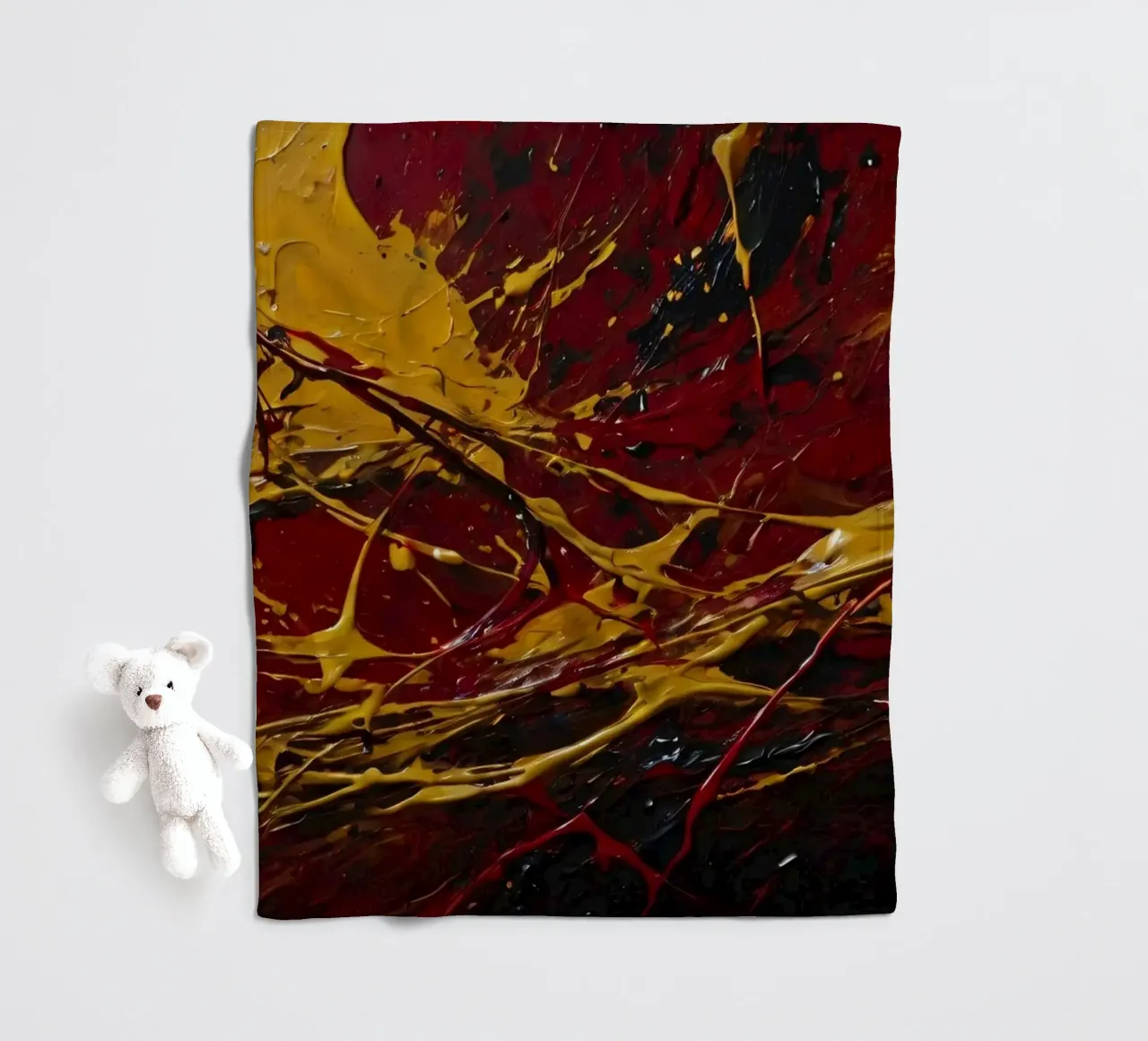 abstract painting featuring dynamic splashes of red, black fleece blanket by DesignDoodle