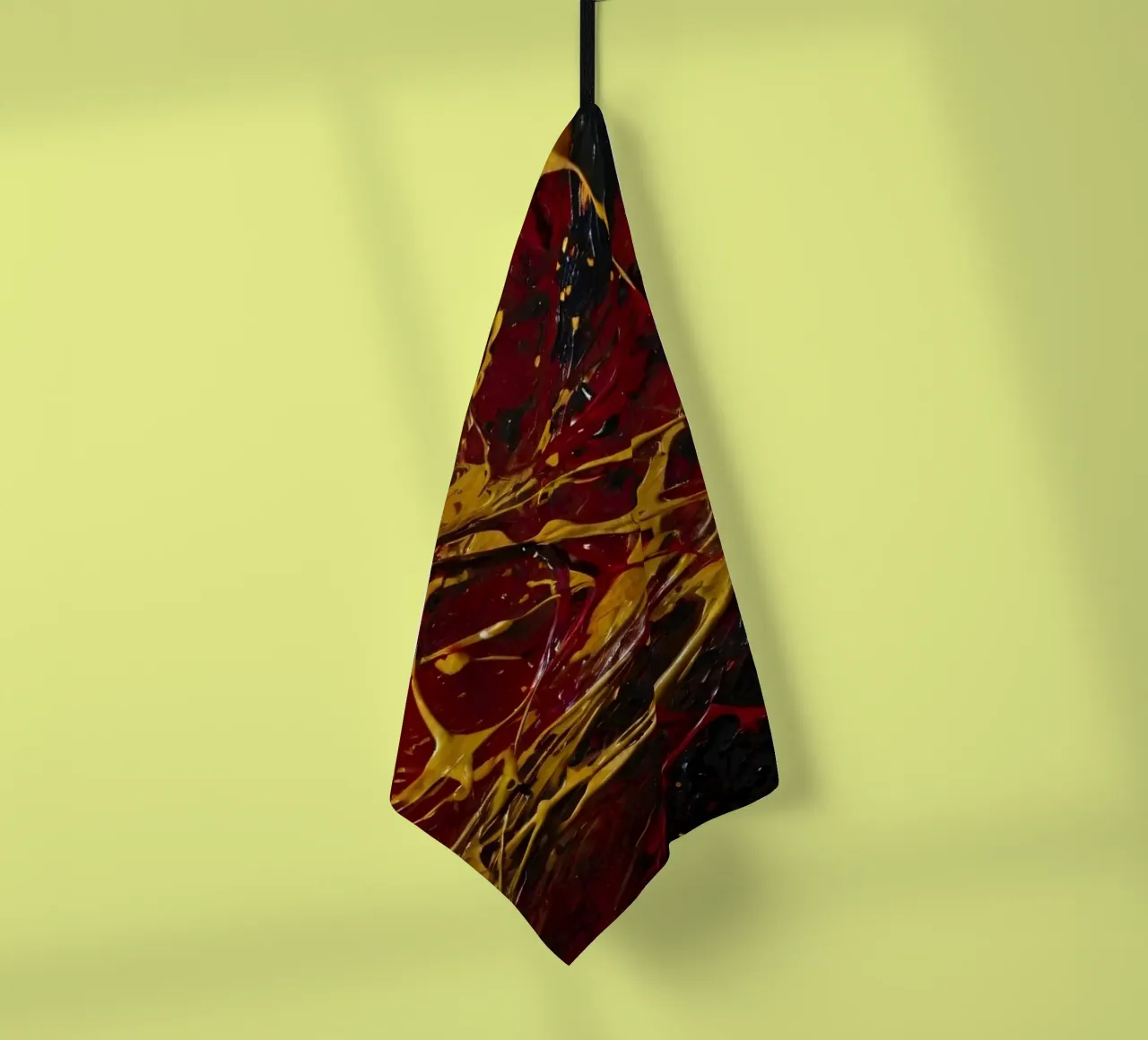 abstract painting featuring dynamic splashes of red, black tea towel by DesignDoodle